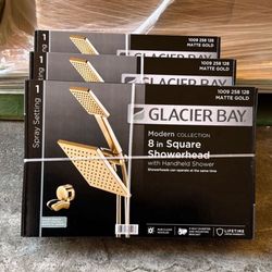 Glacier Bay Modern 1-Spray 7.9 in. Dual Tub Wall Mount Fixed and Handheld Shower Heads 1.8 GPM in Matte Gold