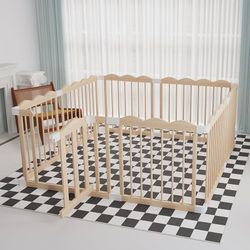 Wooden playpen for babies and toddlers, large adjustable wooden playpen with locking gate, easy to assemble, portable playpen, baby play area (47 x 62