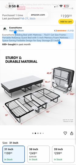 Folding Bed with Mattress - 75x31 Cot Size Frame - Portable Rollaway Guest Bed with 5-inch Memory Foam Mattress - Space-Saving Foldable Design for Eas