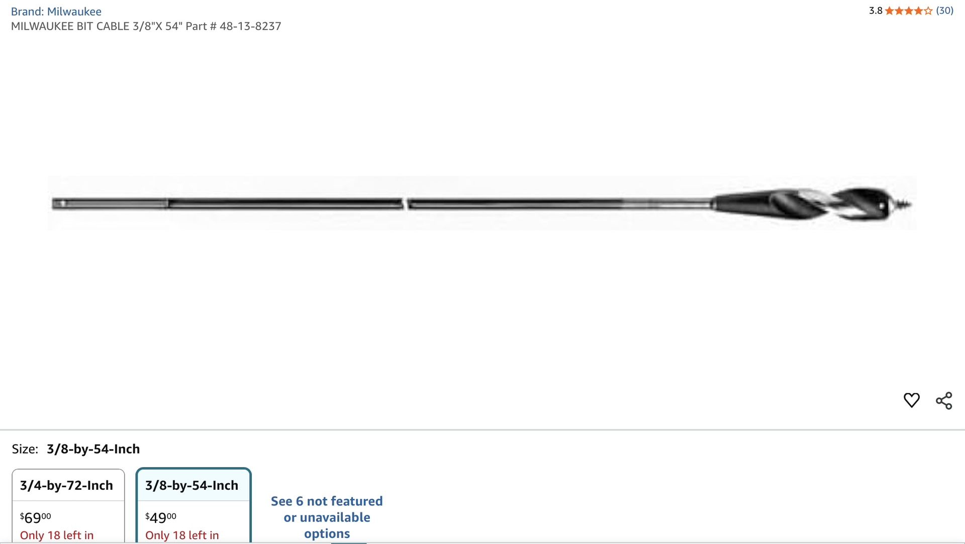MILWAUKEE BIT CABLE 3/8"X 54" Part # 48-13-8237