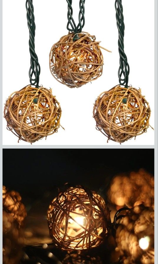 Rattan Christmas String Lights, 10 Mini Natural Globe Rattan 