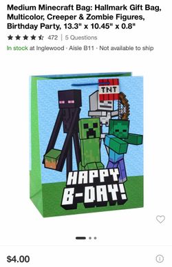 Medium Minecraft Bag: Hallmark Gift Bag, Multicolor, Creeper & Zombie Figures, Birthday Party, 13.3" × 10.45" x 0.8"