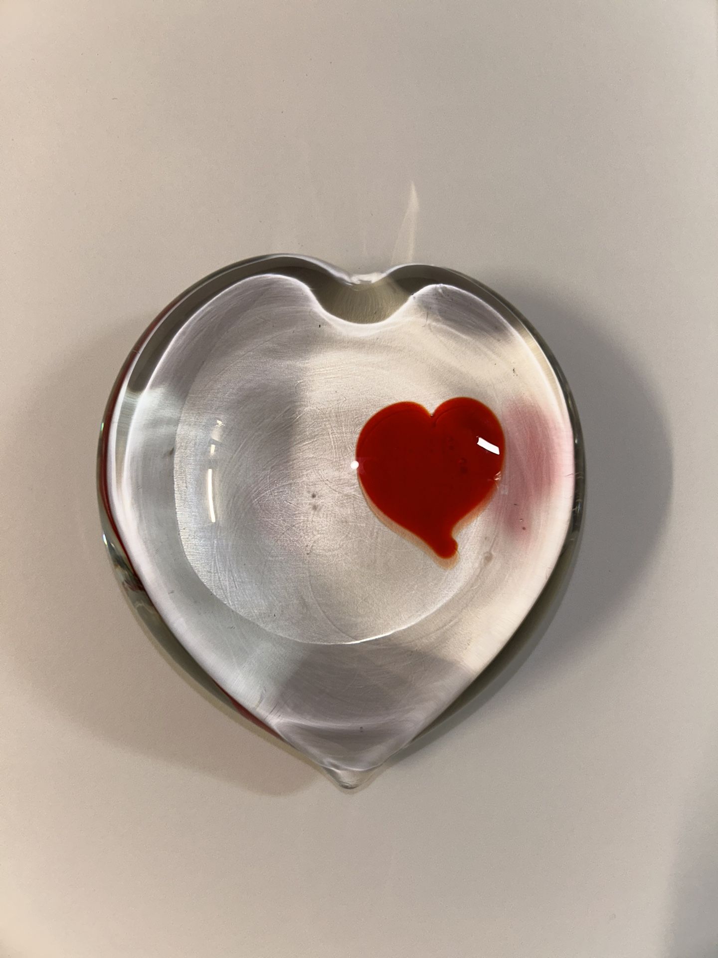 Heart Shaped Glass Red Heart Center Paperweight Art 3.5x4” Valentines