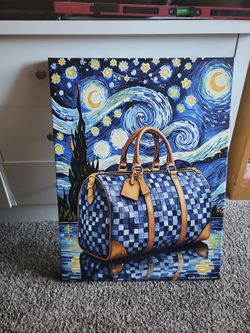 Framed canvas print featuring a Louis Vuitton-inspired bag overlaid on Vincent van Gogh's The Starry Night.