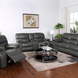 Summer clearance sale. Madrid, gray leather reclining sofa and loveseat set $1199. Single recliner $399. Easy finance option. Same-day delivery.