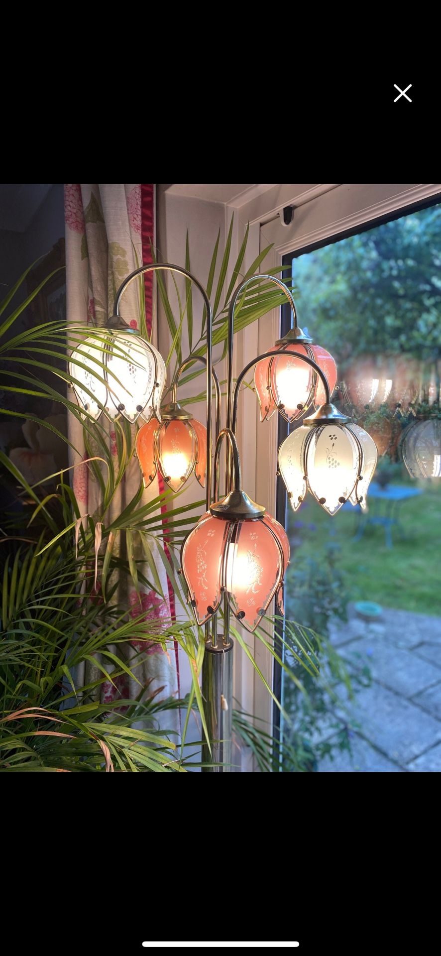 Superb vintage five stem, tulip floor lamp in coral and white glass
