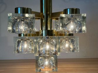Gaetano Sciolari Lightolier Ice Cube 9 Light Chandelier, Flush Mount Fixture Glass & Brass