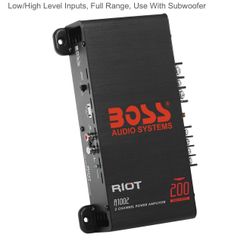 BOSS Audio Systems R1002 Riot Series Car Stereo Amplifier - 200 High Output, 2 Channel, Class A/B, 2/4 Ohm Stable, Low/High Level Inputs, Full Range, 