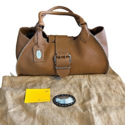 FENDI Selleria Linda Handbag Camel Leather Boston Bag 