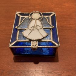 Stain Glass Trinket Jewelry Box With Angel Cobalt, Blue And Silver  3” X 1 1/2”  B32