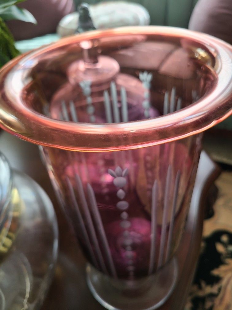 Lenox Pink Cranberry Amethyst Crystal Blown Glass Etched Pedestal Hurricane Vase