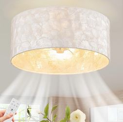 Boho Coastal Ceiling Fan with Lights and Remote, Enclosed Caged Design with Shell Lampshade Fandelier for Bedroom, Nursery, Foyer, Kitchen (6 Speeds),