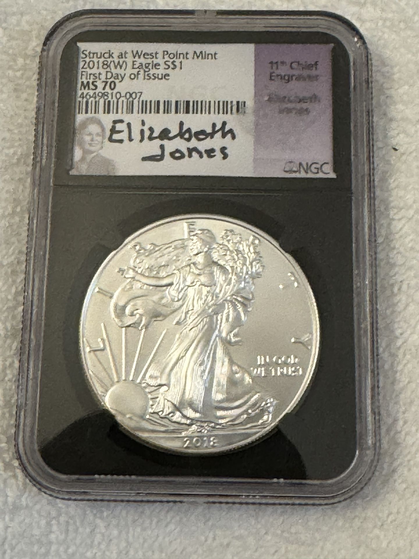 2018(W) Eagle $1 FDOI signed By Elizabeth Jones NGC-MS-70