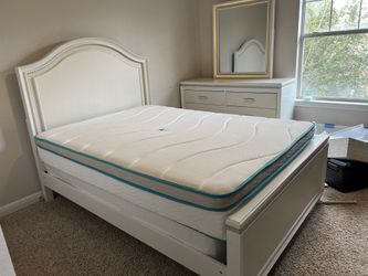 White Bed frame With Mattress And Dresser with Mirror