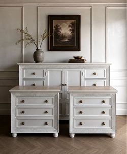 ✨🤍 WHITE COASTAL BEDROOM FURNITURE SET | 68” 11-DRAWER DRESSER + MATCHING NIGHTSTANDS | 3-PIECE SET