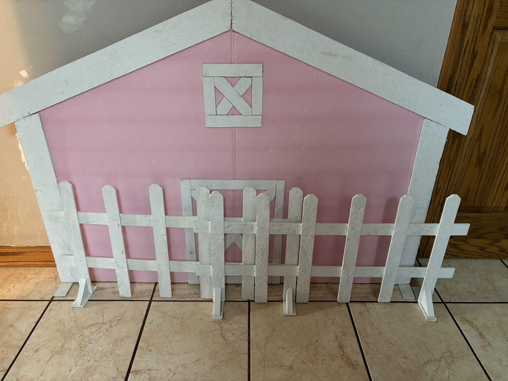 Pink Barn Backdrop And 2 White Fences