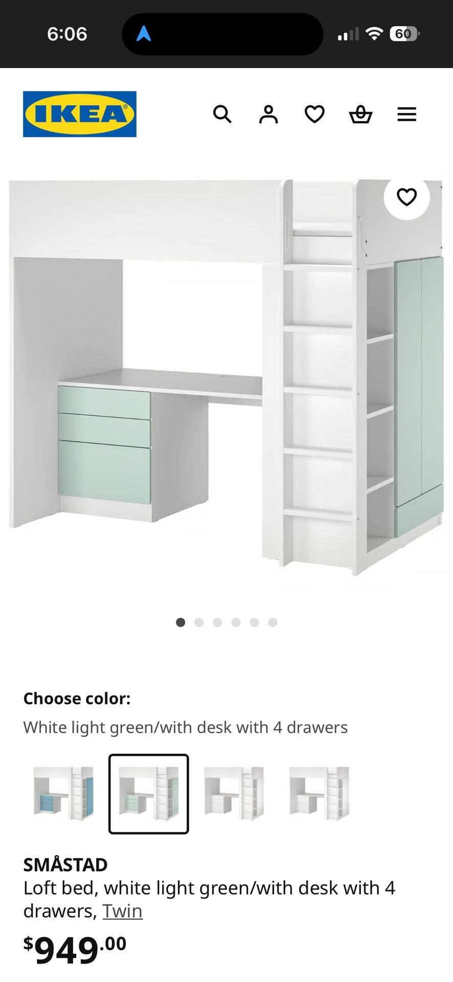 Loft bed, white light green/with desk with 4 drawers, Twin