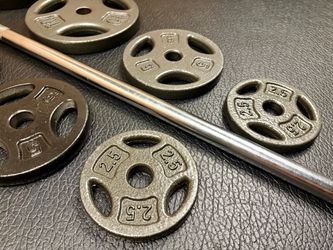 Standard Steel 6 ft Brand New Bar with pair of Cast Iron Plates of 25#, 10# , 5# and 2.5 pounders. Brute Weight: 105#
