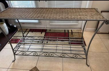 Console Table Wrought Iron with Woven Wicker Top and Shelf