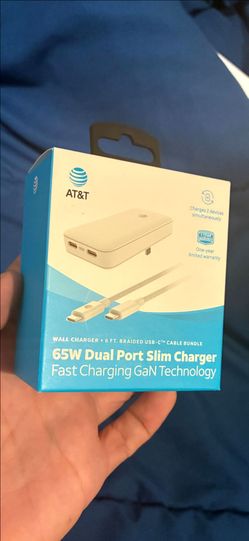 **AT&T 65W Dual Port Slim Charger + 6-ft Braided USB-C Cable Bundle in [white]