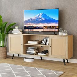 Rattan TV Stand for up 75" TVs, Mid Century Modern TV Entertainment Center Stand with 2 Cabinets Storage for Living Room(White-68 inch)