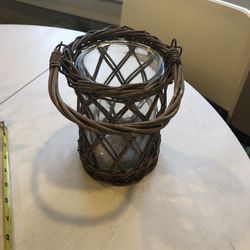 Wicker Basket With Glass Candle Holder