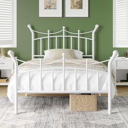 14 Inches Twin Size Metal Platform Bed Frame with Crown Style Victorian Headboard & Footboard, Ample Under Bed Storage, Noise Free, Easy Ass