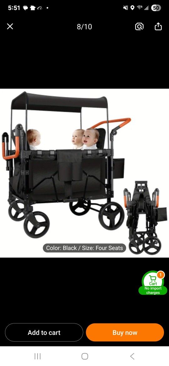 New Stroller Wagon 4 Seats Quad
Collapsible Stroller with Adjustable
Handle & Canopy