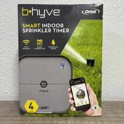 b-hyve four zone smart sprinkler timer indoors. Retails with tax $85. My price $57 item is brand new.