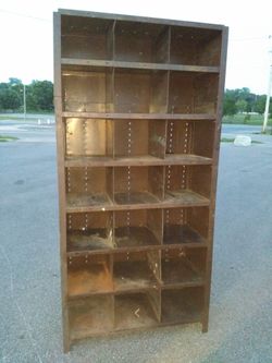 Large heavy duty vintage steel shelving with cubby holes