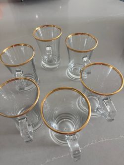 Set of 6 Glass Tea Cups with Gold Rim