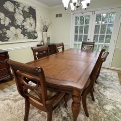 Solid Wood Elegant Dining Room Set - Table, 6 Chairs, 2 Side Tables, China Cabinet