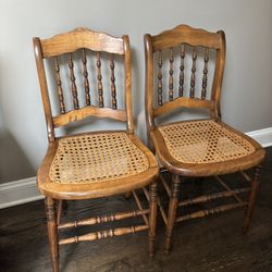 2 Rattan Oak Wood Chairs Farmhouse Antique 