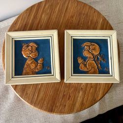 Vintage Mid-Century Hammered Copper Relief Wall  Art Boy & Girl Set