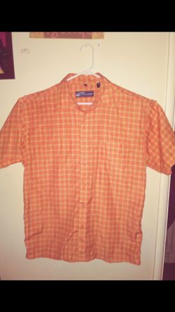 Orange Men Plaid Short Sleeve Buttom-Down Shirt Size ( L )