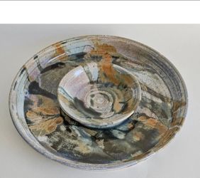 Glazed Pottery Chip Dip Veggie Serving Bowl Platter Multicolor