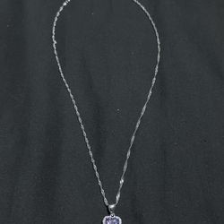 Sterling Silver Necklace. Purple Heart CZ Pendant 