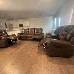 BRAND NEW BROWN AND RED WINE OVERSIZED 3 PIECE LUXURY RECLINER SET..$1695!