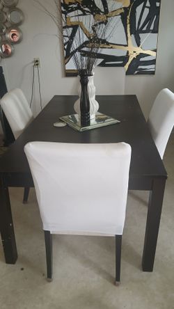 Dark Brown Dining Table with 6 White Chairs