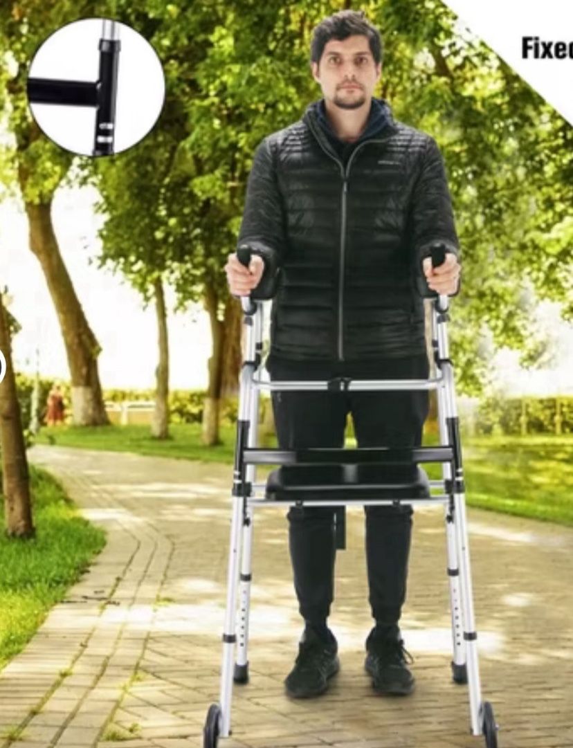 Costway Foldable Aluminum Alloy Walker Wheel Walking Frame with Seat & Armrest Pad