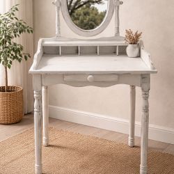 Vintage White Wood Vanity Table Distressed Finish Oval Mirror 4 Shelves Bedroom