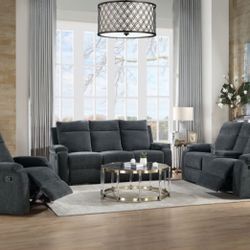 Brand New Slate Blue Motion Sofa and Love Seat Set