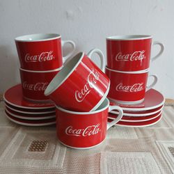 Vintage Gibson 1997 COKE Coca Cola Red 6 Cups and 8 Saucers
