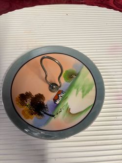 Hand-Painted Porcelain Dish with Metal Handle