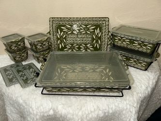 Temp-tations by Tara "Carved Old World" Green Ceramic Bakeware Set 20 pieces