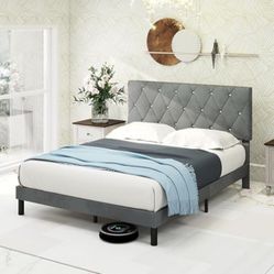 Base de cama tamaño King, plataforma tapizada de terciopelo con cabecero, fácil montaje, no necesita somier, antideslizante y sin ruido con listones 