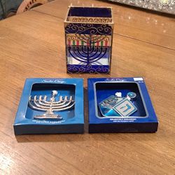 Lot Of 3 Candle Holder Menorah Stained Glass Box, Dreidel & Menorah Ornaments 