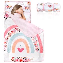 Toddler Nap Mat With Removable Pillow And Soft Dot Minky Blanket Pea Pod Kids Rainbow Floral