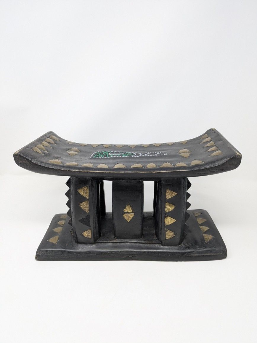 Handcrafted African Ashanti Wood Stool/Headrest with Brass & Bead Inlay