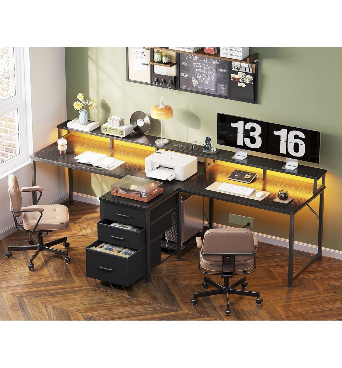 94" Computer Desk with Fabric Drawer & File Cabinet- 2 Person Home Office Desk with Power Outlet